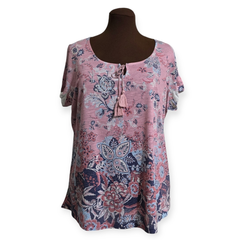 NWT One World Pink Floral Linen Blend Tunic Top Plus Size 1X Boho Resort Tassel
